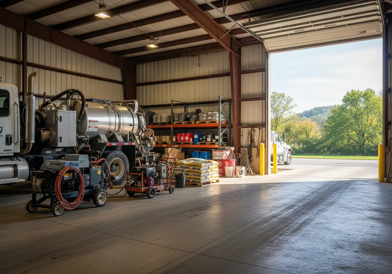 Asphalt maintenance crew with equipment and tools ready for sealcoating and patching work.