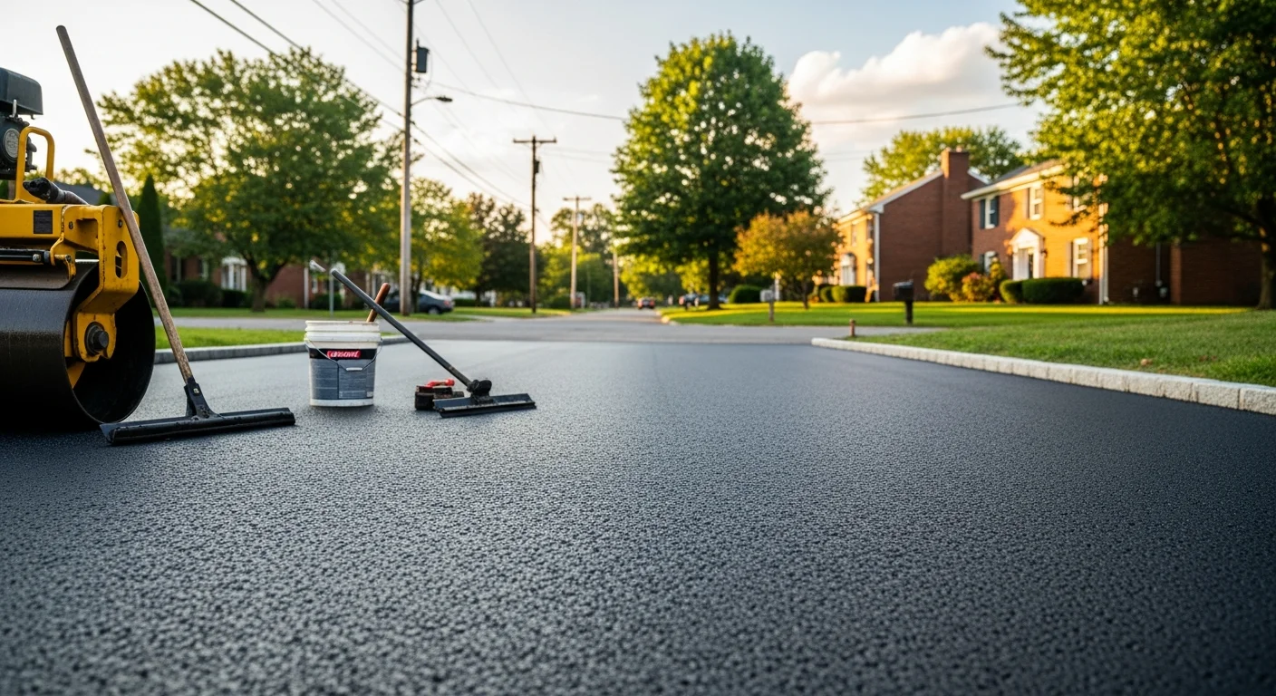 Asphalt paving and maintenance work on a residential driveway