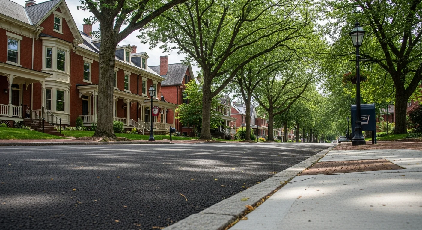 Residential street in downtown Lebanon with historic brick homes and mature trees lining the sidewalk.