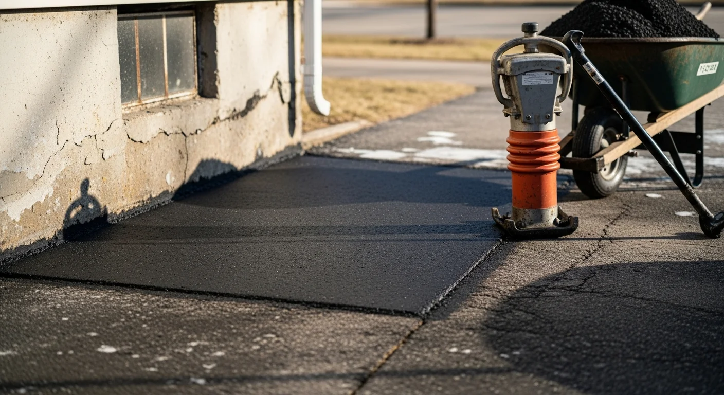 A freshly patched asphalt driveway in Lebanon, PA showing a smooth, level repair where a pothole once existed. The patched section blends into the surrounding pavement with clean, compacted edges.