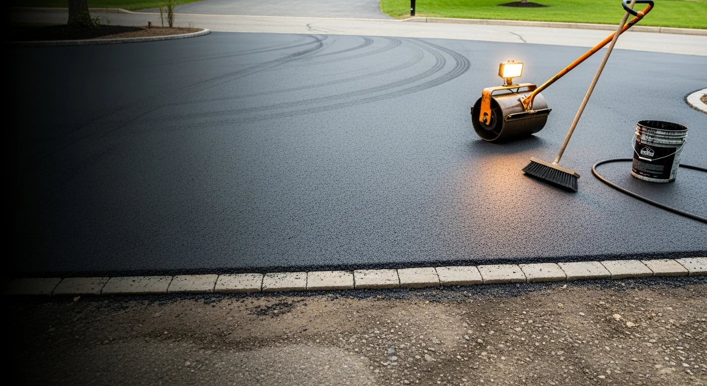 Freshly resurfaced asphalt driveway in Lebanon with a smooth, dark surface and clean edges along a residential property. A Pro Solutions crew member operates a compaction roller across the new asphalt layer in the foreground.