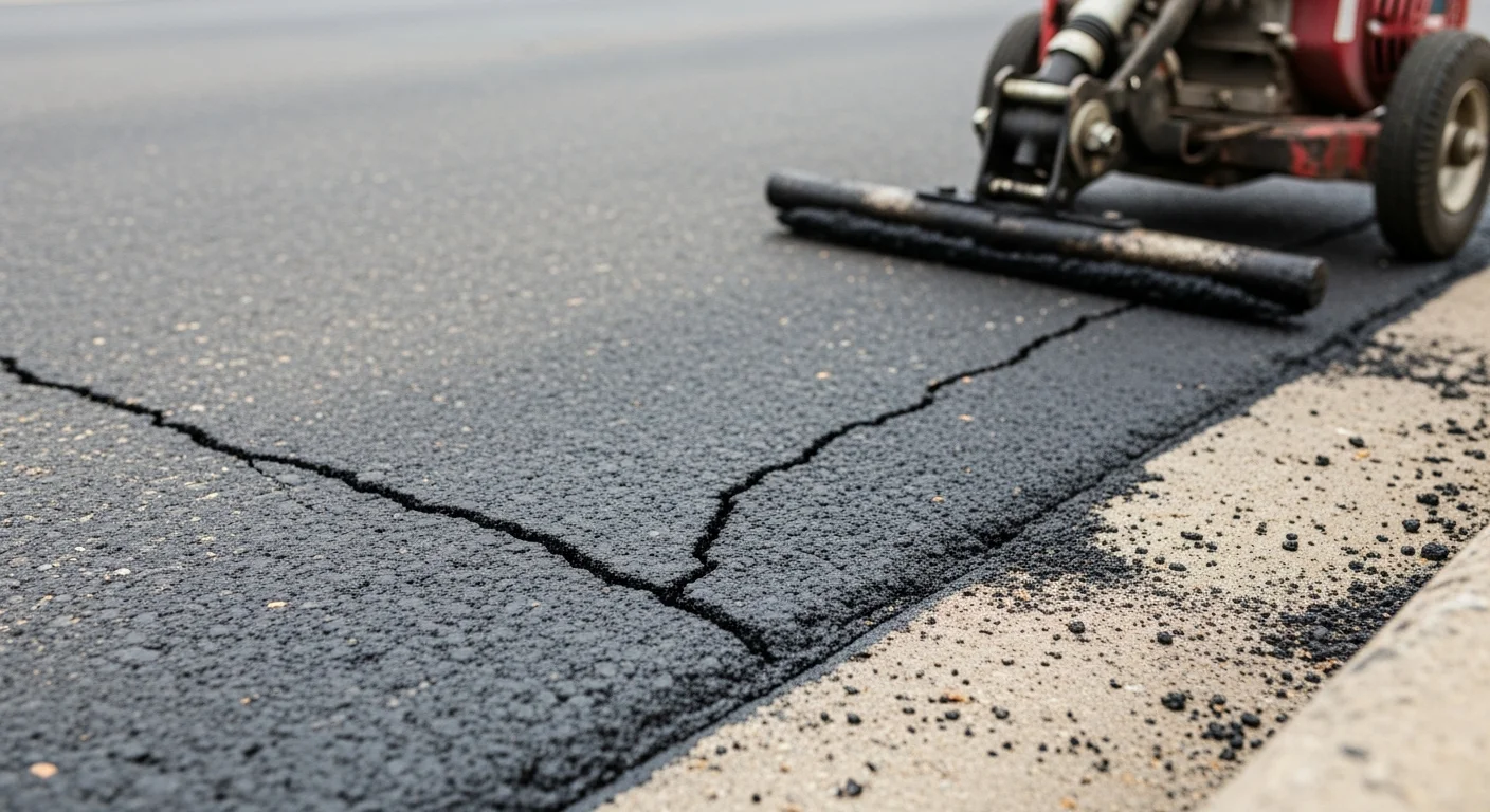 A freshly filled asphalt driveway in Lebanon showing sealed cracks flush with the surrounding pavement surface. The repaired surface shows clean, uniform filler lines with no raised edges or open gaps.