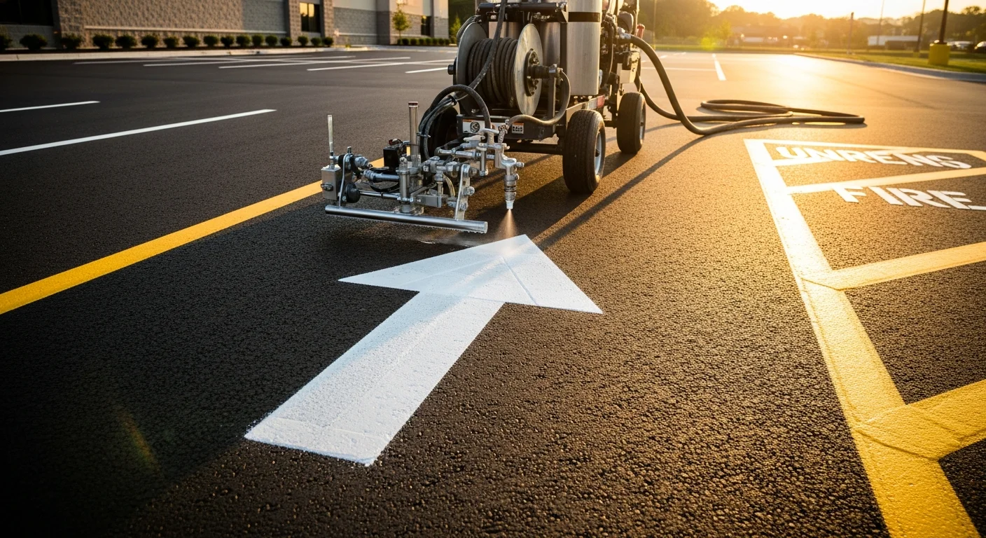 Freshly painted white parking lot stall lines and a blue ADA-compliant accessible space marking on a commercial asphalt lot in Lebanon, TN. Crisp directional arrows and clearly defined stalls are visible across the full lot surface.