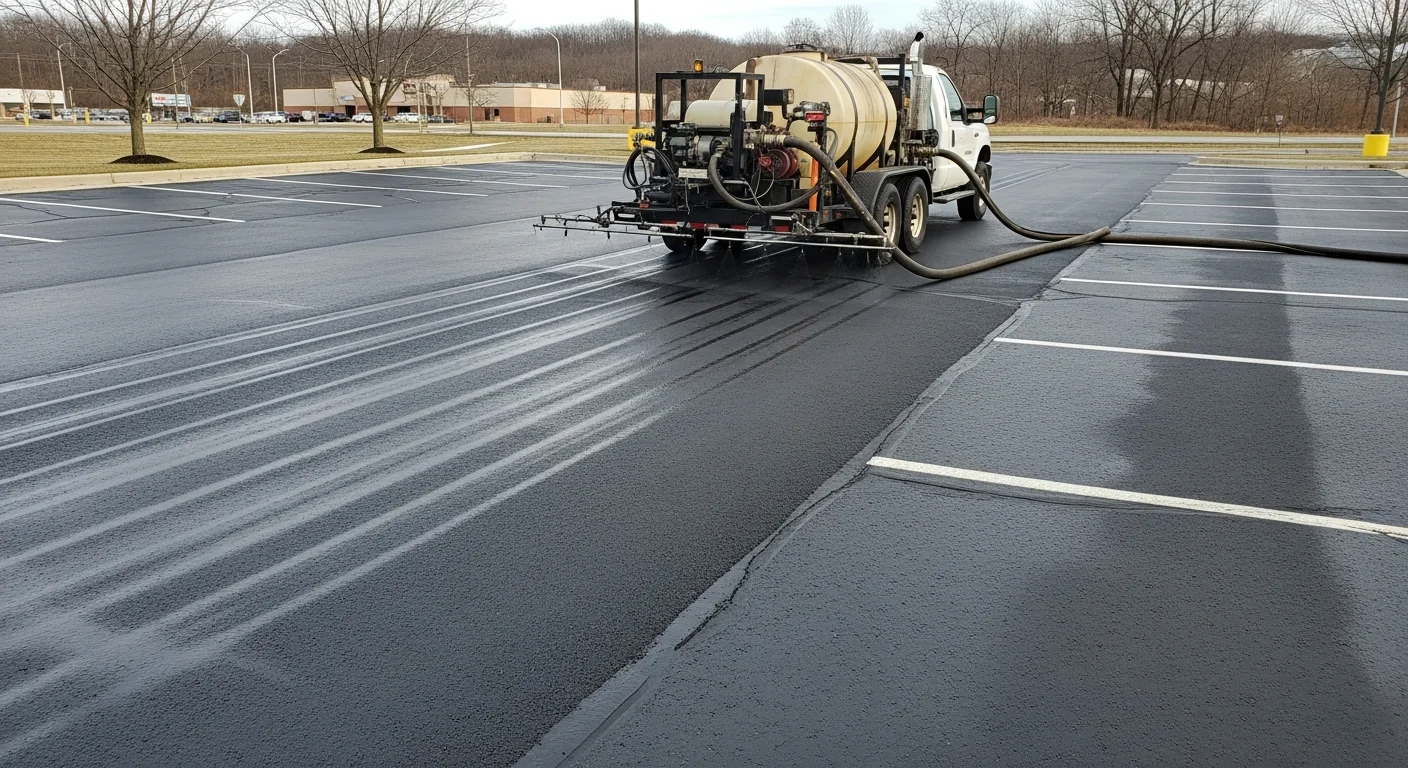 A freshly maintained commercial parking lot in Lebanon with clean sealcoating and bright white line striping. Crack-filled asphalt surface shows no visible damage under clear daylight conditions.