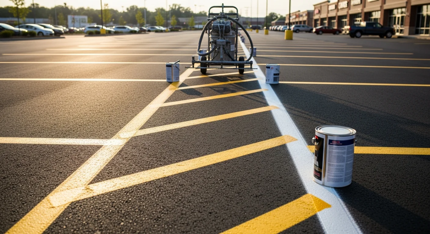 Freshly painted white stall lines and ADA accessible space markings on a commercial asphalt parking lot in Lebanon, TN. Blue accessible space symbols and directional arrows are clearly visible on dark pavement in a retail property lot.