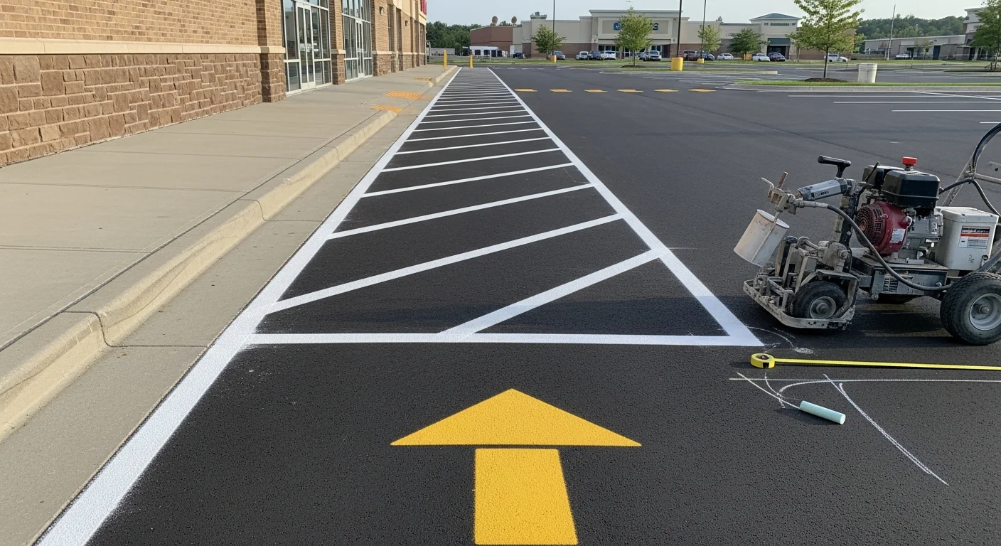 Freshly striped commercial parking lot in Lebanon showing bright white stall lines, directional arrows, and blue ADA-compliant accessible spaces on clean asphalt. A Pro Solutions crew member operates a professional line striping machine along a straight painted lane edge.
