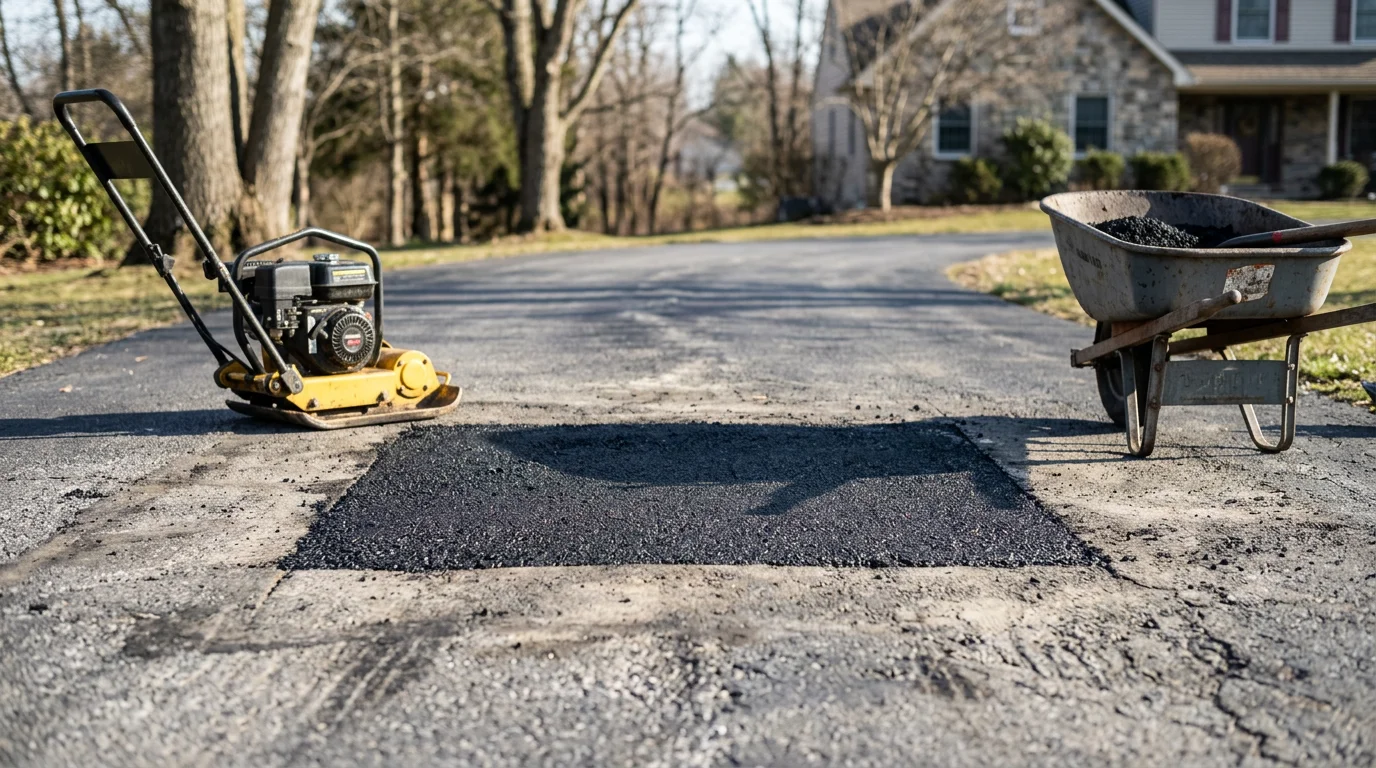 A freshly patched asphalt driveway in Lebanon, Pennsylvania, showing a smooth, compacted repair flush with the surrounding pavement surface. The repaired pothole area has clean-cut edges and dark new asphalt contrasting with the older surrounding pavement.