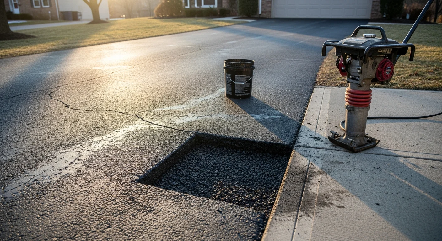 A freshly patched asphalt pothole on a residential driveway in Lebanon, showing a smooth, level surface flush with the surrounding pavement. The repaired section contrasts slightly in color against the older asphalt, indicating a recent professional patch.
