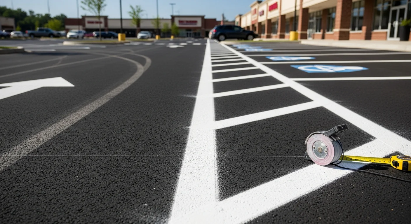 Freshly painted white parking stall lines and a blue ADA-compliant accessible space marking on a commercial asphalt parking lot in Lebanon, TN. Crisp directional arrows and fire lane curb paint are visible across the lot surface.