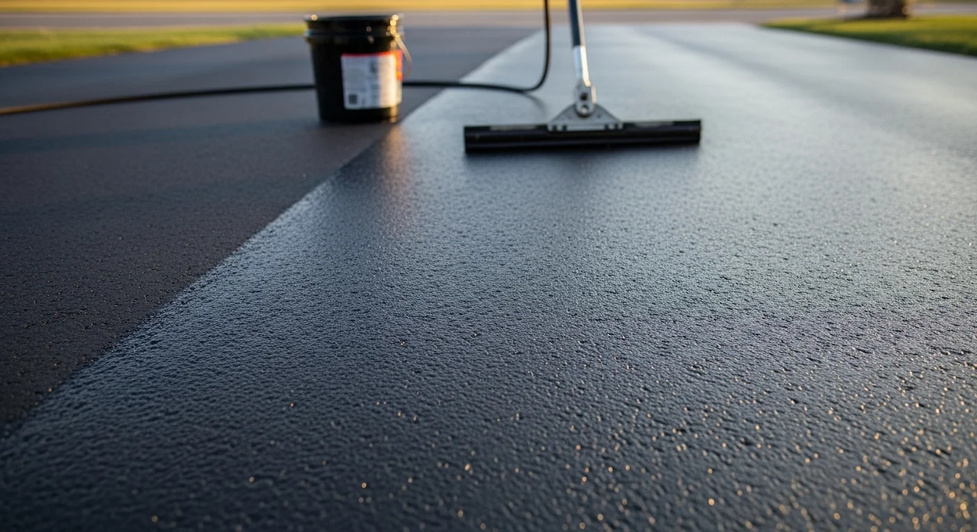 Freshly seal coated residential asphalt driveway in Lebanon, Pennsylvania showing a uniform dark surface with clean edges. A Pro Solutions crew member applies the protective coat using a commercial squeegee on a clear day.