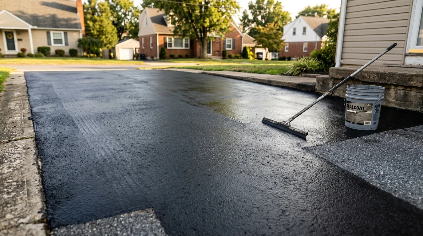A freshly sealcoated residential driveway in Lebanon, PA showing a smooth, dark black asphalt surface with clean edges. The finished surface contrasts with the surrounding concrete curb and green lawn typical of Lebanon County properties.